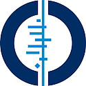 Blau-weißes kreisförmiges Logo mit vertikaler Linie und Querbalken in der Mitte.