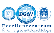 DGAV-Zertifizierungssignet-Exz-Koloprokto Logos der DGAV und zertifizierter Zentren mit Schriftzug "Exzellenzzentrum für Chirurgische Koloproktologie".
