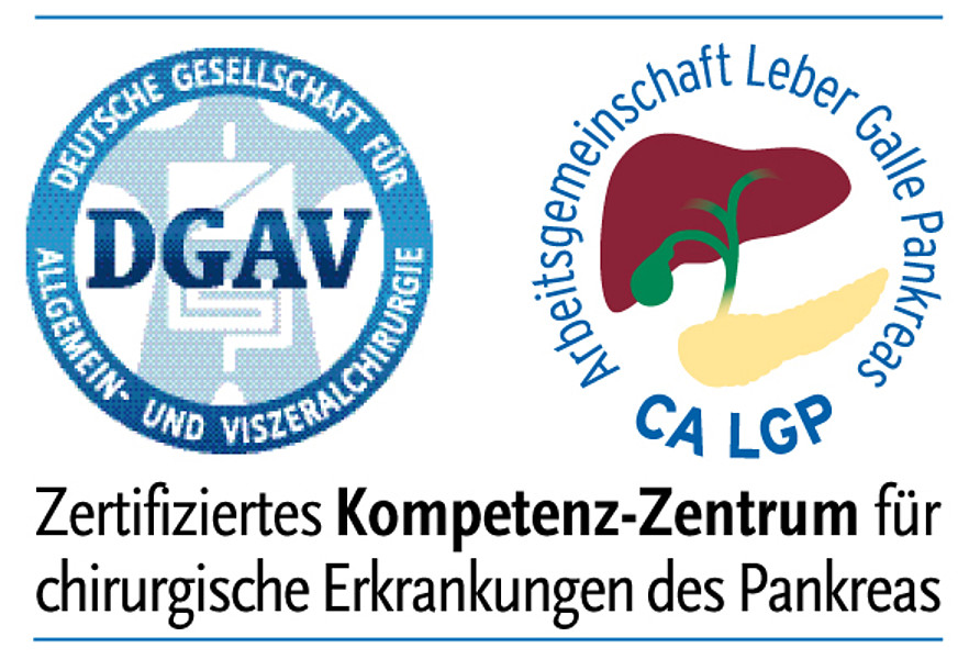 Zertifikat der DGAV als Kompetenz-Zentrum für chirurgische Pankreaserkrankungen, inklusive Logo der CA LGP.