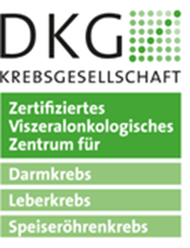 Logo der DKG mit Text: "Zertifiziertes Viszeralonkologisches Zentrum für Darm-, Leber-, Speiseröhrenkrebs".