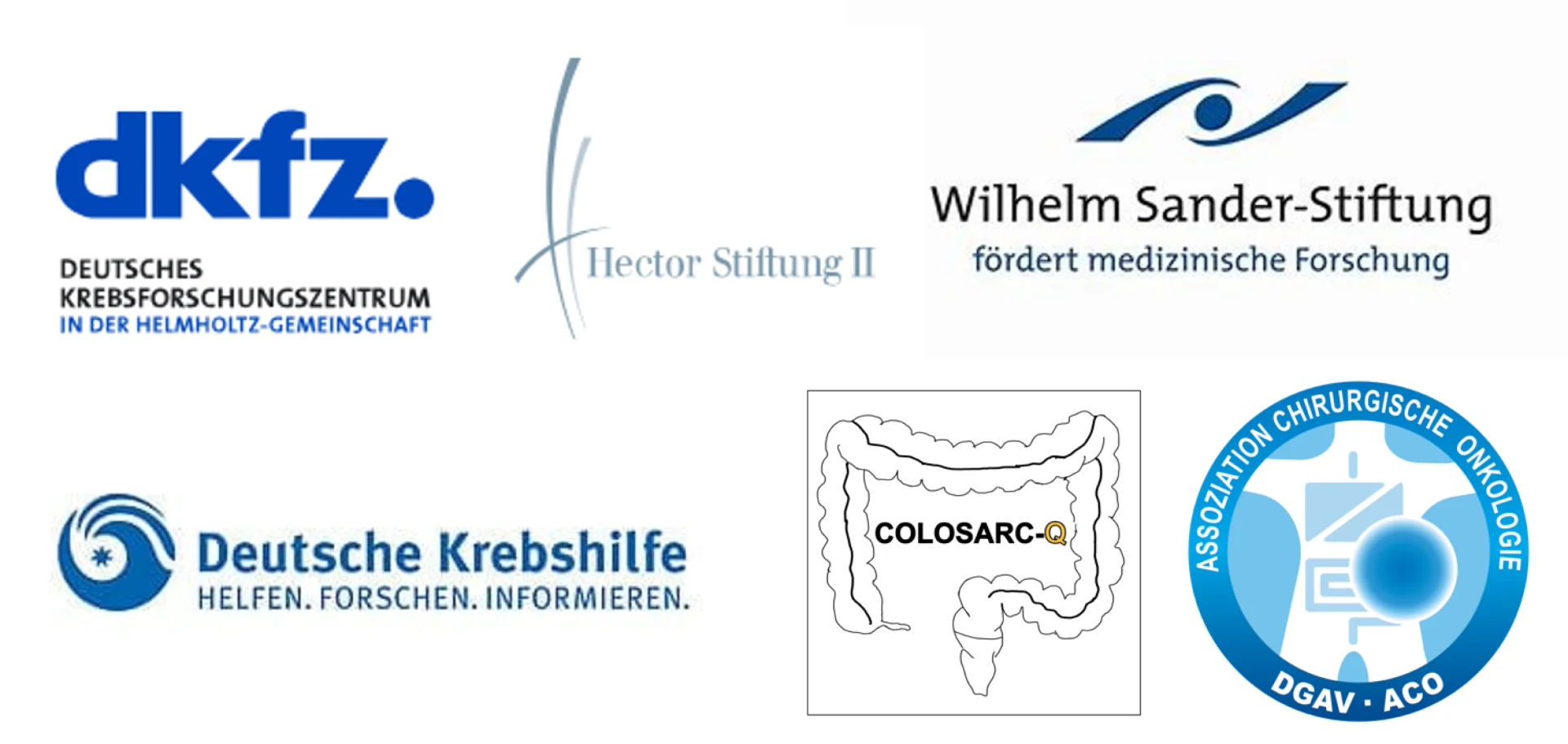 sarkomforschung-siegel Logos von Organisationen, die medizinische Forschung und Krebsbekämpfung unterstützen, inklusive Darm-Grafik von COLOSARC-Q.