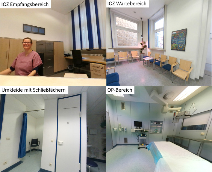 Collage aus vier Bereichen einer Klinik: Empfang, Wartezimmer, Umkleide mit Spinden und OP-Bereich mit Geräten.