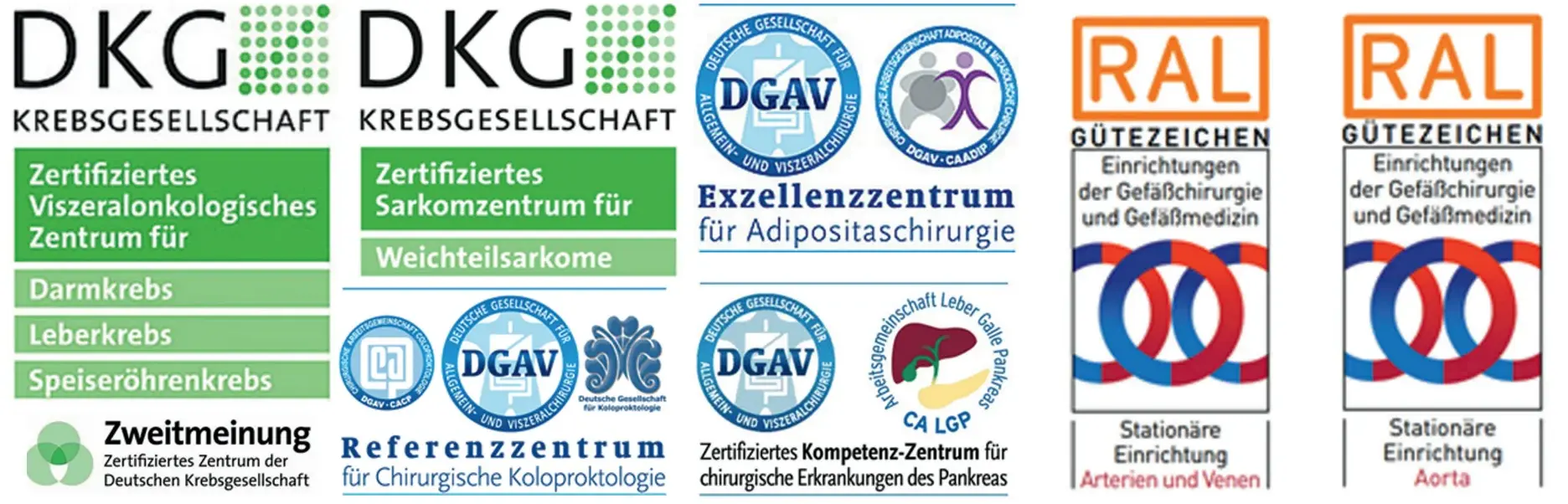 Logos der Deutschen Krebsgesellschaft, DGAV und RAL Gütezeichen für verschiedene medizinische Zentren und Zertifikate.