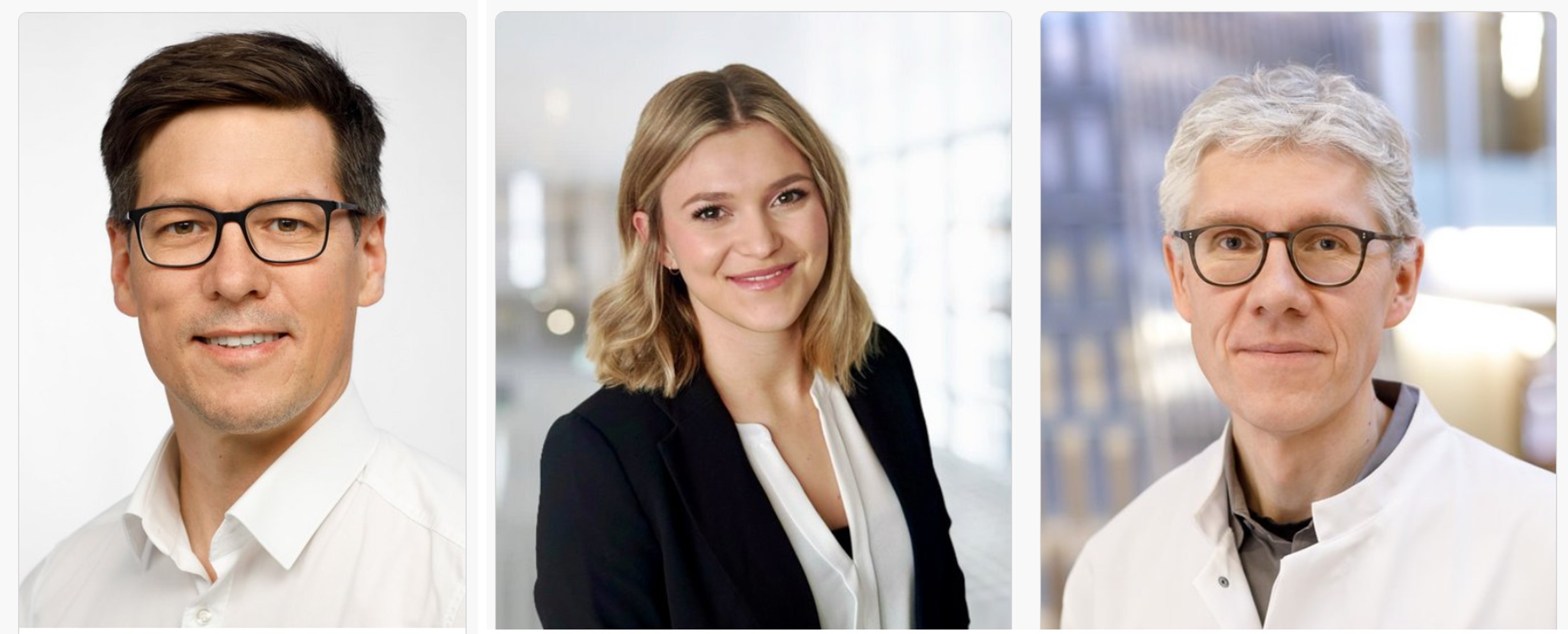 Drei Porträtfotos, links ein Mann mit Brille, in der Mitte eine Frau, rechts ein Mann mit Brille und weißem Kittel.
