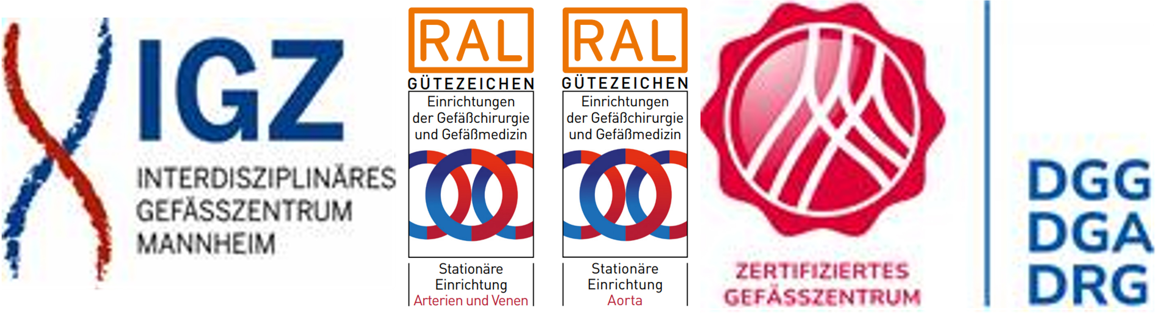 Logos und Gütezeichen des Interdisziplinären Gefäßzentrums Mannheim und zertifizierter Gefäßzentren.