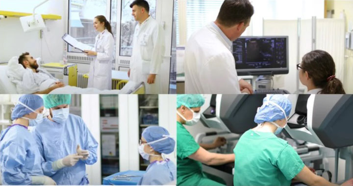 Collage aus medizinischen Szenen: Ärzte am Bett, bei Ultraschall, in OP-Kleidung und bei einer Roboter-Operation.