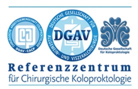referenzzenttrum-fuer-chirurgische-koloproktologie Logos der DGAV und der Deutschen Gesellschaft für Koloproktologie, Text: Referenzzentrum für Chirurgische Koloproktologie.