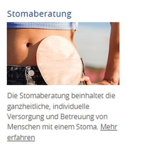 Frau zeigt ein Stoma mit Beutel, oberhalb der Hose. Text: "Stomaberatung und individuelle Versorgung."