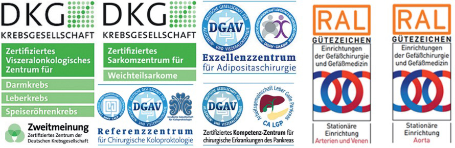 Logos und Zertifikate von medizinischen Zentren, einschließlich DKG und RAL Gütezeichen, für Onkologie und Chirurgie.