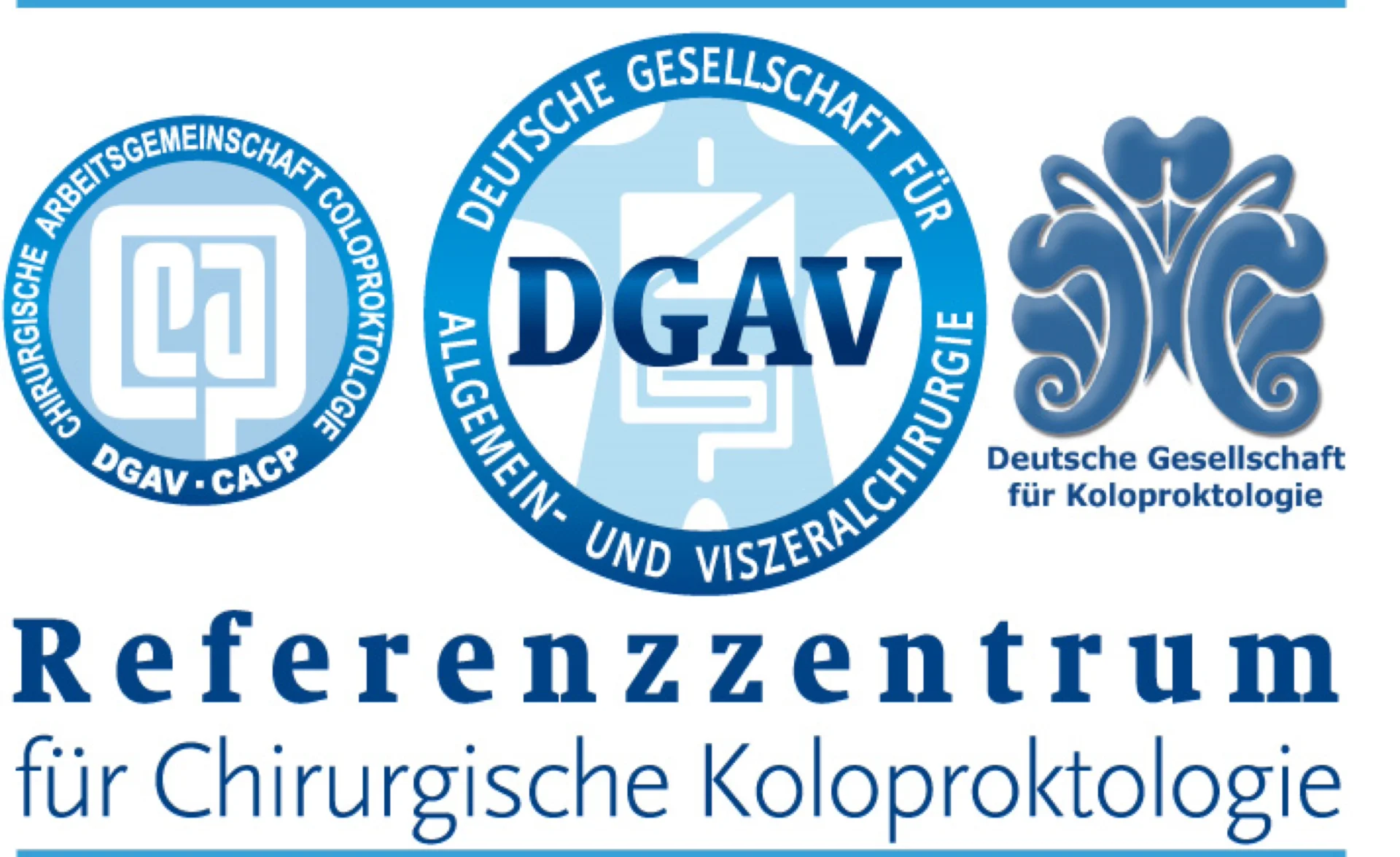 Referenzzentrum für Chirurgische Koloproktologie2 Logos der DGAV, CACP und Deutschen Gesellschaft für Koloproktologie mit Text: Referenzzentrum für Chirurgische Koloproktologie.