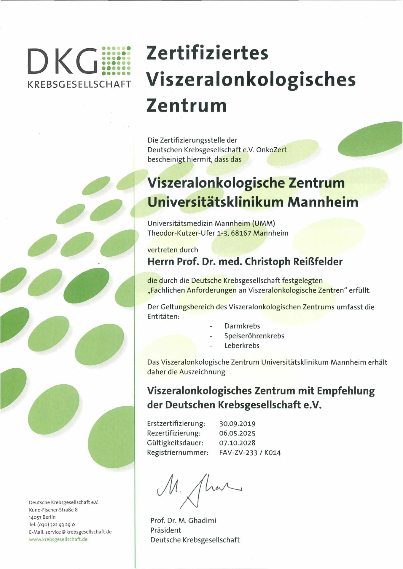 Zertifikat der Deutschen Krebsgesellschaft für das Viszeralonkologische Zentrum Universitätsklinikum Mannheim.