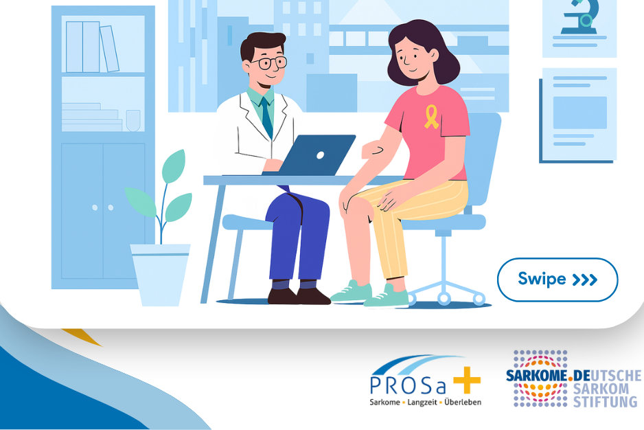 Illustration zeigt Arzt mit Patientin im Gespräch, darunter die Logos von Prosa+ und der Sarkomstiftung.